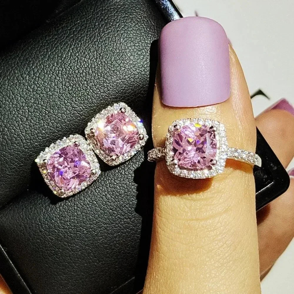 Pink Sapphire Diamond Halo Ring & Earring Set